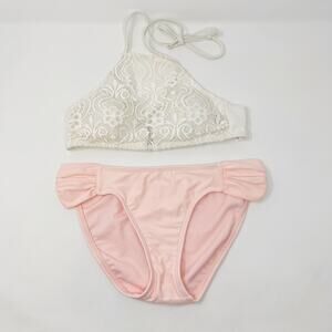 Xhilaration Small S Cream Pink Crochet Halter Bikini Top Cheeky Bikini Bottom